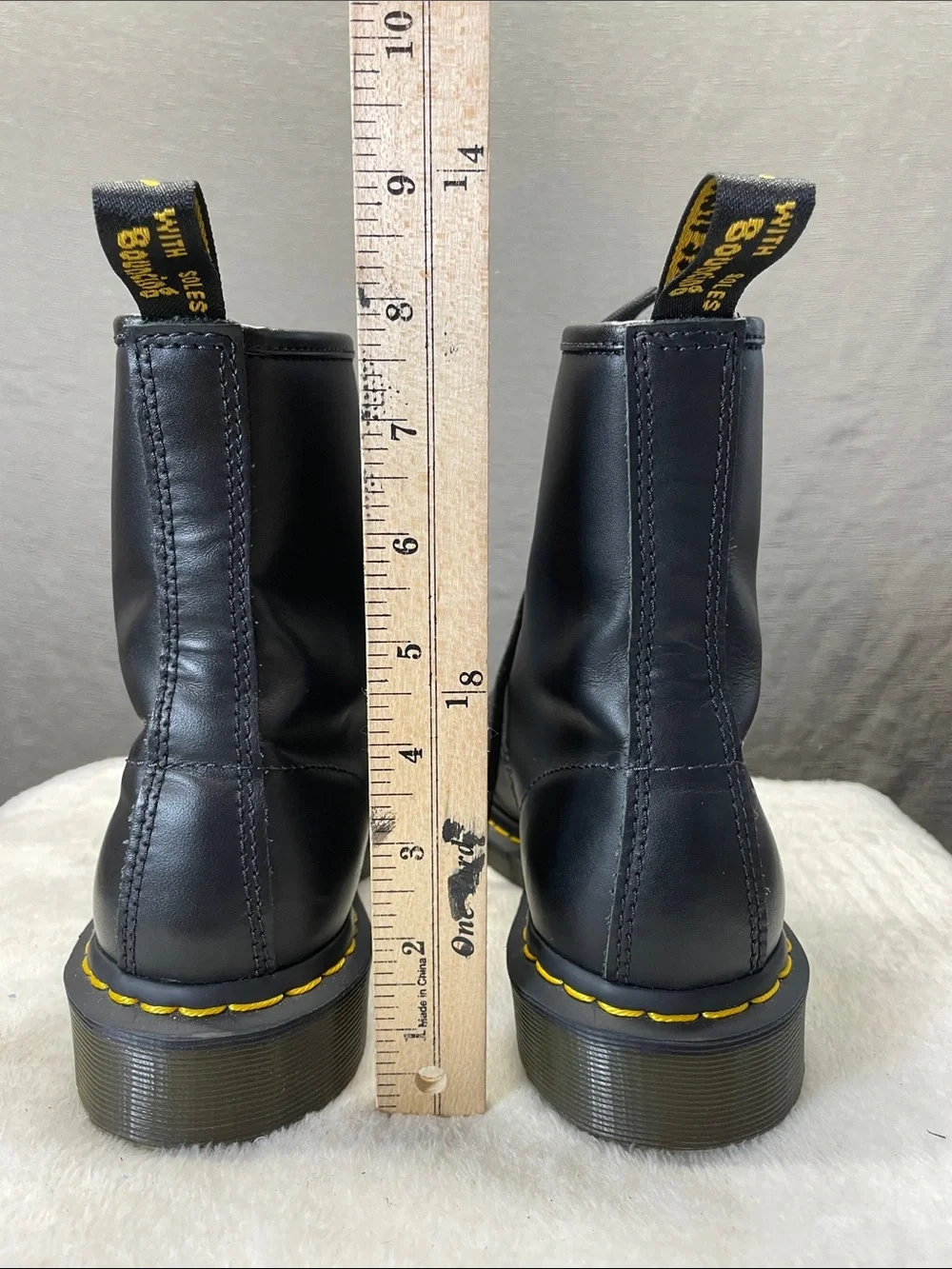 Dr. Martens 11821 Black Leather 8-Eye Lace-Up Boots with Yellow Stitching